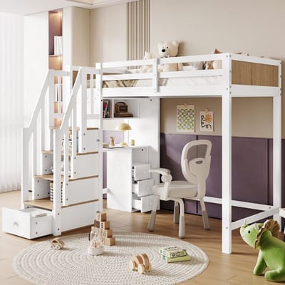 Stapelbedden - 90x200cm - Etagenbed Met Kleurcontrast Veiligheidshek, Schreibtisch 3 Lades, 4-Traps Leiterschrank, Open Rek - Kiefer + MDF - Wit/Natuurlijk