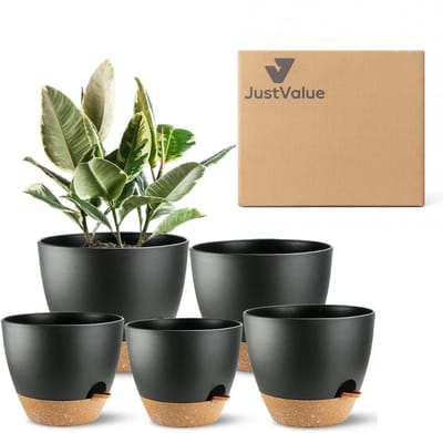 JustValue Bloempot - Set 5-Delig - Ø 12.7-17.8 Cm - Zwart - Bruin - Zelfbewaterend - Met Waterreservoir