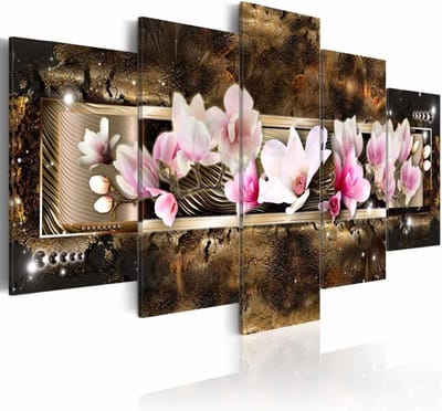 Schilderij - Droom  van een Magnolia , bruin wit , 5 luik