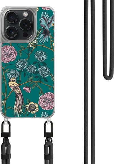 Hoesje met koord geschikt voor iPhone 14 Pro - Vogels Japanse bloemen - Inclusief zwart koord - Crossbody beschermhoes - Transparant, Groen - Mooie Telefoonhoesjes