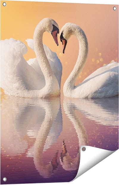 Gards Tuinposter Zwanen Koppel in een Hart Vorm - 60x80 cm - Tuindoek - Tuindecoratie - Wanddecoratie buiten - Tuinschilderij