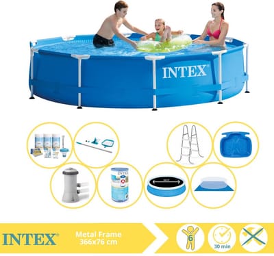 Intex Rond Frame Zwembad - 366 x 76 cm - Blauw - Inclusief Pomp - Solarzeil - Onderhoudspakket - Filter - Grondzeil - Schoonmaakset - Ladder - Voetenbad - 9-delig