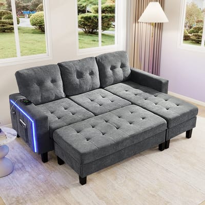 MODENUIT Slaapbank 156 x 115 cm - Hoekbank Met Verplaatsbare Hocker, Led En Usb - Voor Woonkamer - Chenille Antiekgrijs