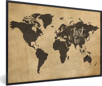 Poster in lijst - Fotolijst 90x60 cm - Posters - Wereldkaart - Just Go - Vintage - Posterlijst zwart - Decoratie - Wanddecoratie woonkamer - Muurdecoratie slaapkamer
