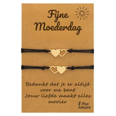 Moeder Dochter Armbandjes voor 2 "Fijne Moederdag" - Hartjes - Moeder Kind Armbandjes met Persoonlijk Cadeau Kaartje voor mama - Goudkleurig - Elastisch Verstelbaar - Pax Amare