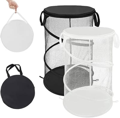 2 stuks - Mesh Pop-Up wasmand - Opvouwbare wasmand - Opvouwbare wasmand met handgrepen - Geschikt voor reiswasruimtes en slaapzalen - Draagbare opbergmand - Zwart + Wit