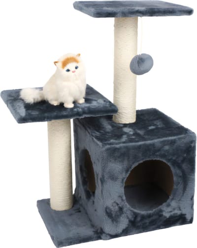 Intirilife krabpaal met 70 cm hoogte in grijs - Stevige kattenkrabpaal klimboom op meerdere niveaus met uitkijkplatformen, grotten, pluche pom-poms en sisal krabpalen