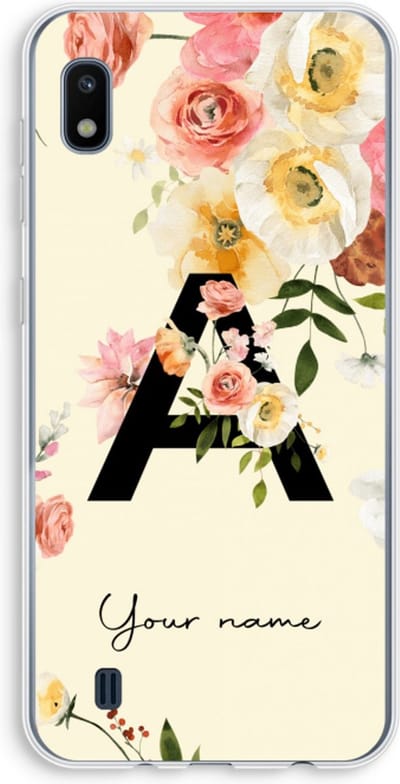 Gepersonaliseerd - Case Company® - Hoesje geschikt voor Samsung Galaxy A10 hoesje - Flirty Flowers Monogram - Soft Cover Telefoonhoesje - Bescherming aan alle Kanten en Schermrand