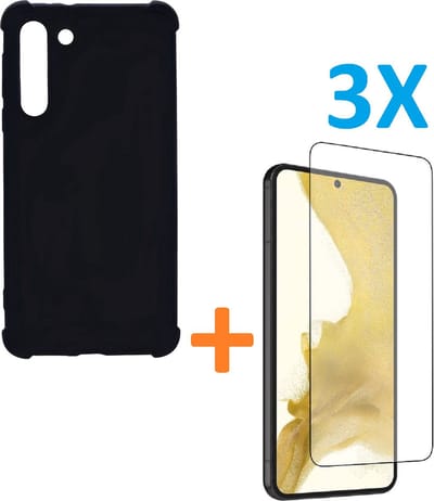 Anti-Shock silicone hoesje zwart met 3 Pack Tempered glas Screen Protector Geschikt voor: Samsung Galaxy S23
