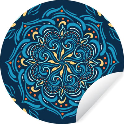 WallCircle® - Behangcirkel 140x140 cm - Muurstickers Mandala - Blauw - Geel - Patronen - Muurcirkel woonkamer - Wandcirkel slaapkamer - Kamer decoratie zelfklevend - Muurdecoratie accessoires