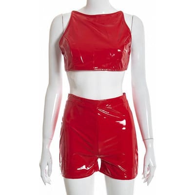 Lente en Zomer Nieuw Sexy Backless Korte Vest en Shorts Pak voor Dames PU Mode Pak M rood