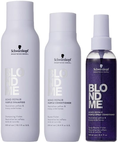 Schwarzkopf BlondMe Bond Repair Purple Shampoo 300ml + Conditioner 250ml + Spray Conditioner 150ml