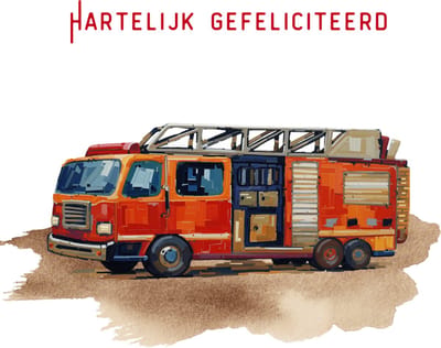 Wenskaart hartelijk gefeliciteerd vintage brandweerauto – 13x13 cm – gevouwen kaart – inclusief witte envelop – stevig papier – felicitatiekaart