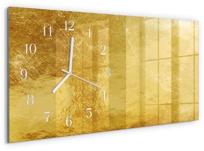 Tulup Wandklok - Metaalachtige textuur Moderne Glazen Wandklok - 60x30 cm - Geel Wandklok Glas Met Motief - Witte Handen - Rechthoekige Wandklok - Moderne Wandklok Glas - Wandklok Glas Decoratie