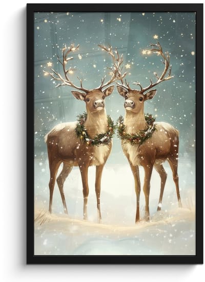 Poster in lijst - Fotolijst 40x60 cm - Posters - Kerstmagie - Winterwoud - Rendier - Posterlijst zwart - Decoratie - Wanddecoratie woonkamer - Muurdecoratie slaapkamer - Kerstversiering - Kerstdecoratie voor binnen - Kerstmis
