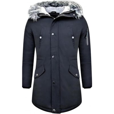 Lange Winterjas Heren - Gewatteerde Jassen - Winterjas Heren Bontkraag - Zwarte Jas