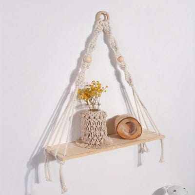 1 Stuks Handgemaakte Macramé Wandplank Hangend Decor, Boho Chic Zwevende Planken met Kwasten, Touw Wandmontage Display voor Planten en Decoratieve Items one-size beige