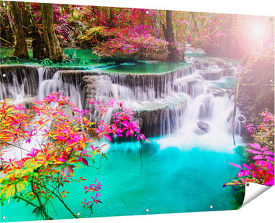 Gards Tuinposter Waterval in de Herfst met Kleurrijke Bloemen - 180x120 cm - Tuindoek - Tuindecoratie - Wanddecoratie buiten - Tuinschilderij