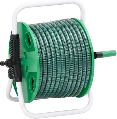 Slanghaspel met slang - Tuinslang houder - Water geven tuin - Inclusief koppelset - 40x30x41 cm - Groen