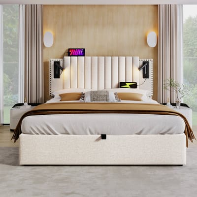 SINGULARITY-Gestoffeerd bed 180x200 cm- tweepersoonsbed- leeslamp met USB-hoofdeinde- rugleuning met klinknageldesign- beige- zonder matras