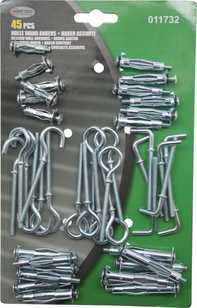 Holle Wandankers + Haken Assorti 45 Stuks | Voor het Bevestigen aan Holle Wanden | Muurplug Geschikt voor Wanddiktes van 5mm tot 27mm | Holle wand Plug