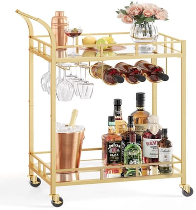 JOYNEXTBUY - Serveerwagen - Keukentrolley - Keukenwagen - Drankwagen - Serveerkarretje - Flessenhouder 38x60x90 cm - Goudkleurig