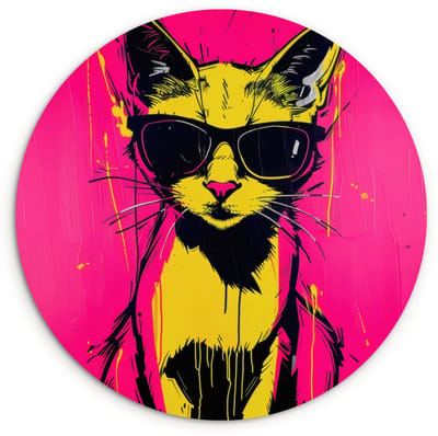 WallCircle® Wandcirkel 120x120 cm - Muurcirkel Kat - Art - Zonnebril - Roze - Muurdecoratie woonkamer - Wanddecoratie slaapkamer - Kamer decoratie accessoires - Ronde schilderijen XXL