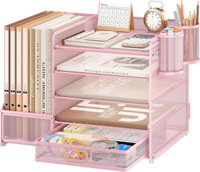 bureau-organizer, 5 niveaus brievenbak met lades, dossierhouder met 2 pennenhouders, bureau-organizer met staande verzamelaar, kantoorbenodigdheden voor A4-documenten (Roze)