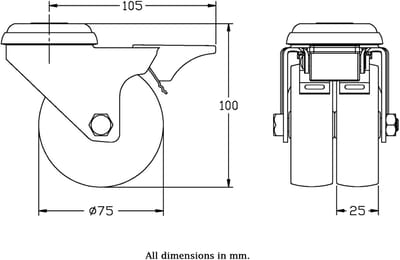 75 mm (3 inch) dubbelwielige zwenkwiel met grijs rubber en rem, draagvermogen 100 kg