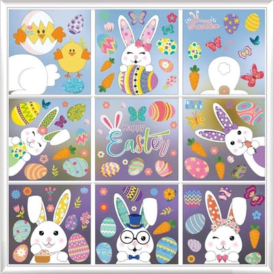 SnelShoppen - 9 Eerste Paas Venster Stickers, Lente Decoratie, PVC, Konijnen, Vlinders, Bloemen, 130 Stuks voor Pasen, Kinderen, Feest, Huis, Raamdeco