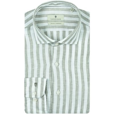 Thomas Maine Overhemd Roma Modern Kent Linnen Stripe Groen / male