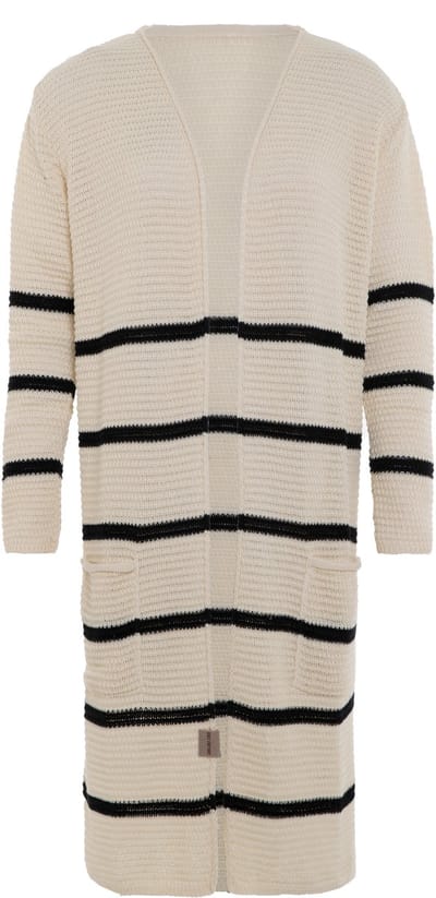 Knit Factory Bibi Lang Gebreid Vest - Gebreide dames cardigan - Lang vest tot over de knie - Gestreepte damesvest gemaakt uit 30% wol en 70% acryl - Zwart/Beige - 40/42