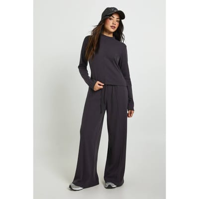boohoo Dames Geribd lange mouwen hoge hals trainingspak | Houtskool | Maat: XS