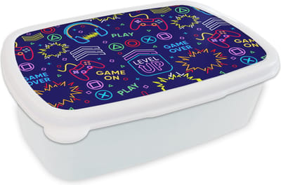 Broodtrommel Wit - Lunchbox - Brooddoos - Gaming - Neon - Koptelefoon - Design - 18x12x6 cm - Volwassenen