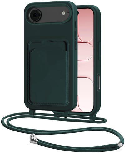 Hoes Geschikt voor iPhone Air Hoesje Pasjeshouder Cover Met Koord Case Siliconen Hoes Met Telefoonkoord en Kaarthouder - Donkergroen