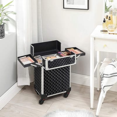 MEUBELEXPERT -Cosmetische koffer, trolley, make-up case met handvat, 4 universele wielen, 4 uitschuifbare dienbladen, make-up tas, voor reizen, zwart JHZ013B01