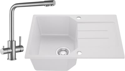 Anycee MAX Spoelbak Keuken 65x45CM Wit - Granieten Spoelbak Met 3 Wege Keukenkraan - Spoelbakken Keuken- Spoelbakken Met Afdruip - Opbouw Spoelbak