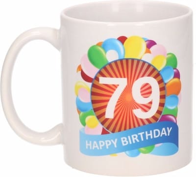 Beallatio Decorations - 79 jaar Verjaardag koffiemok - cadeau beker - feestelijke ballonnen print - 300 ml - keramiek - wit