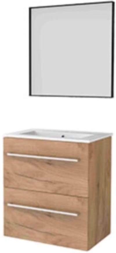 Basic-Line Framed 39 Badkamermeubelset - Ondiep - 60 x 39 cm - Greeploos - 2 Lades - Keramische Wastafel - 1 Kraangat - Spiegel met Zwart Aluminium Frame - Whisky Oak