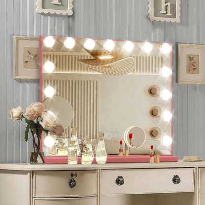Make-upspiegel met Licht - Verlichte Spiegel - Make-up Aanbrengen - 15 Verwisselbare Lampen - 584 x 457 cm - Roze