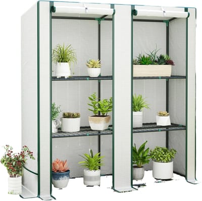 Archi Foliekas met 3 Planken - Plantenkas - Dubbele Deur - Oprolbare Rits – Winter- & UV-Bestendig – Wit – 144 × 48 × 152 cm