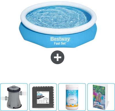 Bestway Rond Opblaasbaar Fast Set Zwembad - 305 x 66 cm - Blauw - Inclusief Pomp Vloertegels - Chloor - Zwembadgids
