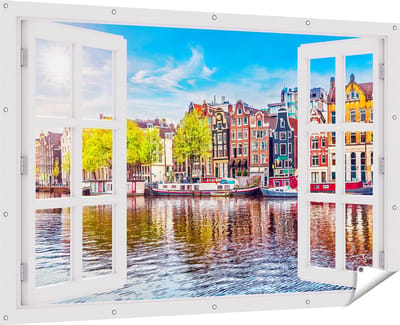 Gards Tuinposter Doorkijk Amsterdamse Huisjes aan het Water - 180x120 cm - Tuindoek - Tuindecoratie - Wanddecoratie buiten - Tuinschilderij