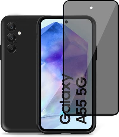 Geschikt voor Samsung Galaxy A55 - Hoesje + Privacy Screenprotector – Privé Gehard Glas Cover - Suède Case Zwart