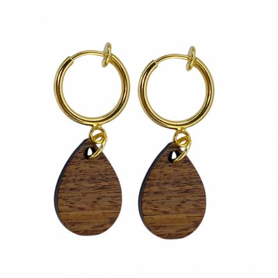 Klem oorbellen- bruin- hout- druppel -geen gaatje-Charme Bijoux