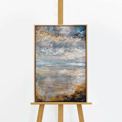 YS Schilderij "Stille ochtendgloren" - Handgeschilderd canvas schilderij - Wanddecoratie Zee - Blauw en goud - Water - Muurdecoratie woonkamer - Slaapkamer decoratie - Kamer accessoires - Schilderij canvas duinen - schilderijen op canvas Gold 60x40
