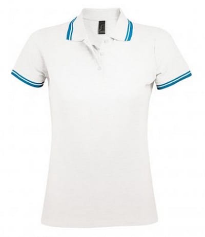 SOLS Dames/dames Pasadena getipt korte mouw Pique Polo Shirt (Wit/Aqua Blauw)