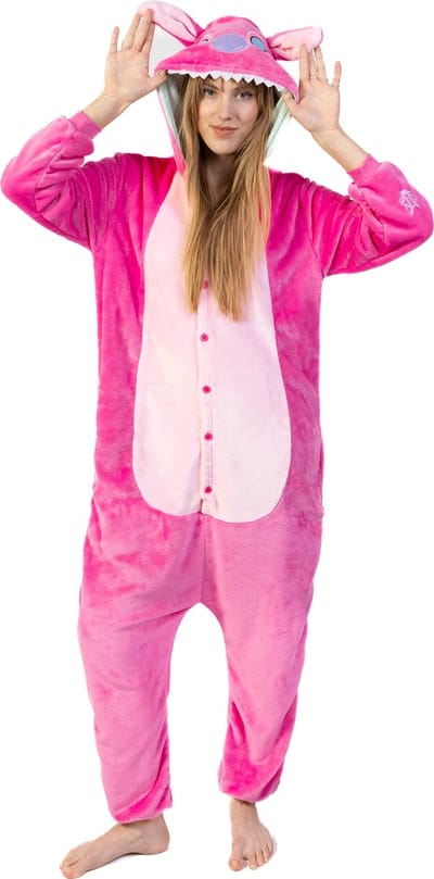 KIMU® Onesie Roze Stitch Pak - Maat 110-116 - Monster Jumpsuit Huispak Fleece Pyjama Kinderen Meisje Angel Monstertje Lilo Alien Fleece Festival