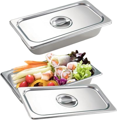 Set van 2 roestvrijstalen serveerschalen met deksel - Premium voedselcontainers voor catering, buffet en presentatie, afmetingen 32,5 x 17,5 x 6,5 cm