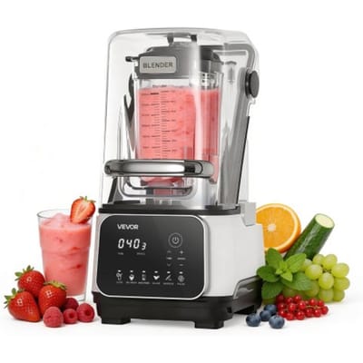 VEVOR 2L Staande Mixer Smoothie Blender met Beschermkap 2200W IJscrunchmaker met Zelfreinigende Functie Instelbare Snelheid 6 Voorgeprogrammeerde Programma's voor Smoothies, IJscrunch en Puree Wit